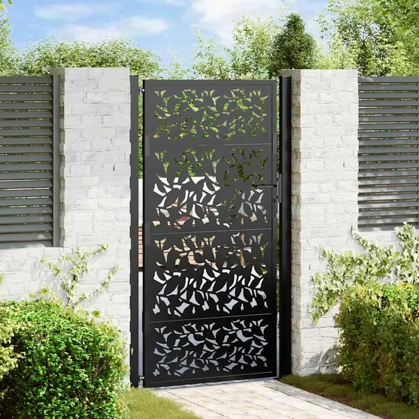 Gossi poarta de gradina neagra 105x180 cm design cu frunze de otel