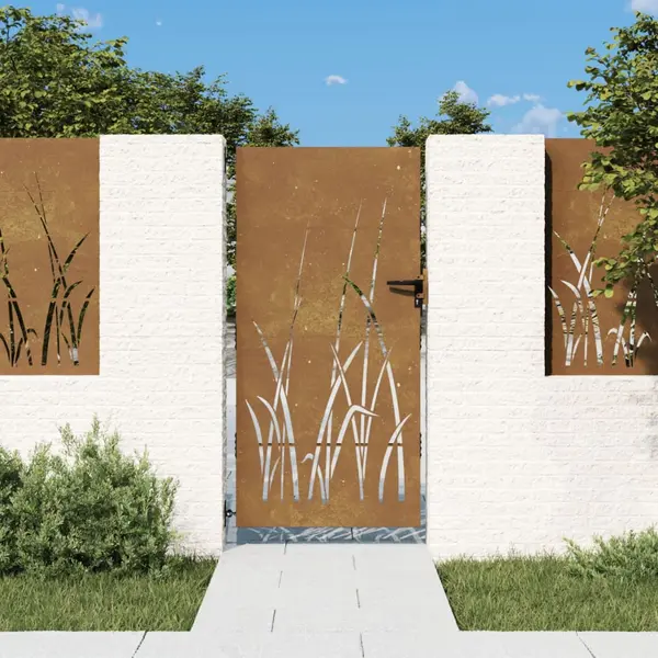 Gossi poarta pentru gradina, 85x200 cm, otel corten, model iarba