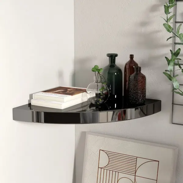 Gossi raft coltar de perete, negru extralucios, 35x35x3,8 cm, mdf