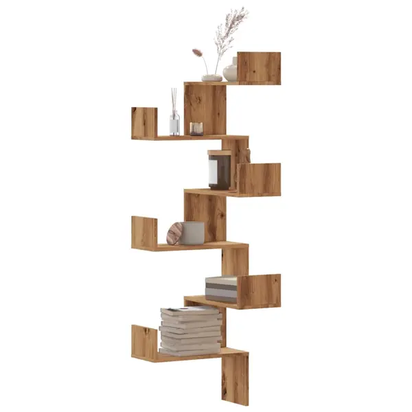 Gossi raft coltar perete stejar artizanal 45x45x147 cm lemn prelucrat