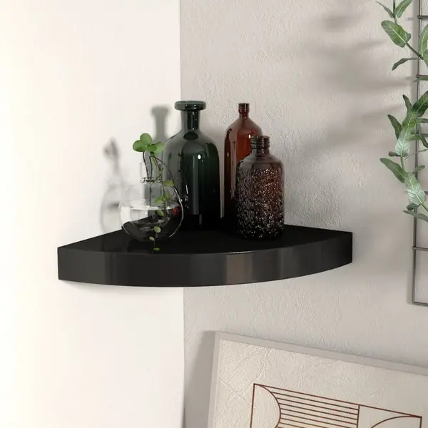 Gossi raft de colt suspendat, negru, 25x25x3,8 cm, mdf