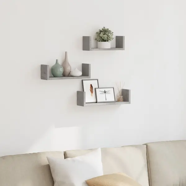 Gossi raft de perete, 3 buc., gri beton, lemn prelucrat