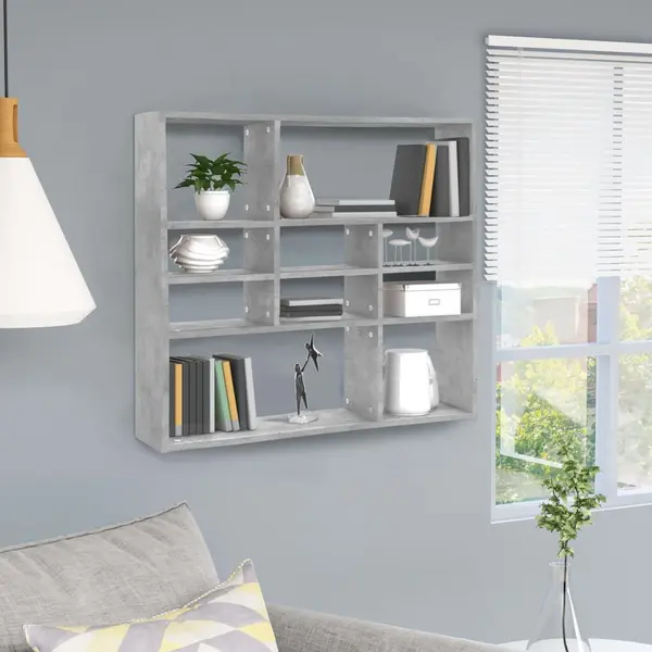 Gossi raft de perete, gri beton, 90 x 16 x 78 cm, lemn prelucrat