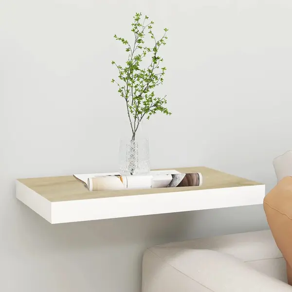 Gossi raft de perete suspendat, alb si stejar, 40x23x3,8 cm, mdf