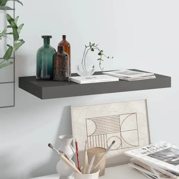 Gossi raft de perete suspendat, gri extralucios, 50x23x3,8 cm, mdf