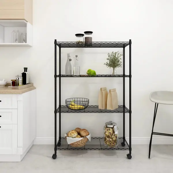 Gossi raft depozitare cu roti 4 niveluri negru 90x35x142 cm 200 kg