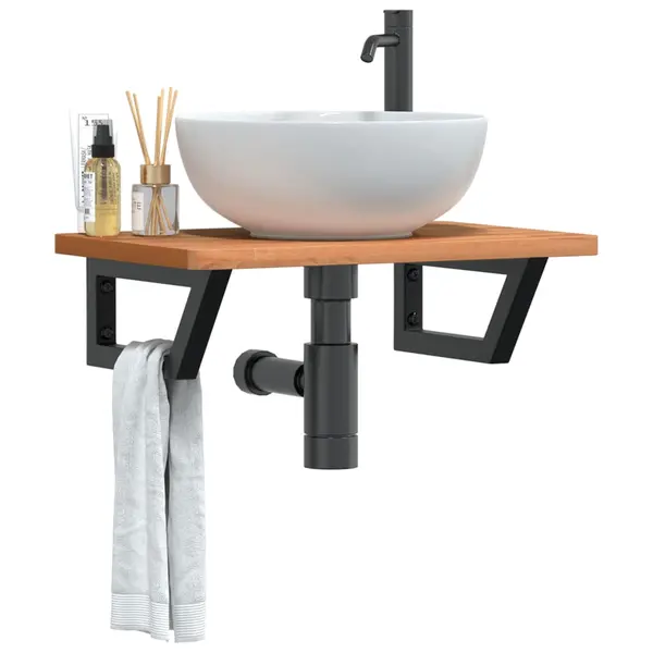 Gossi raft pentru lavoar montat pe perete, otel si lemn masiv fag