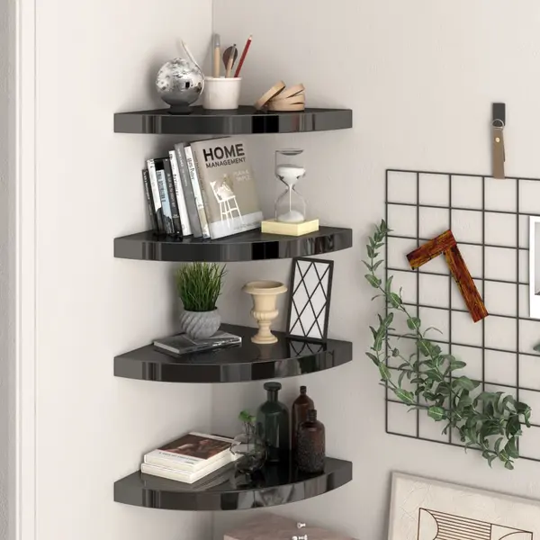 Gossi rafturi colt perete 4 buc, negru extralucios, 35x35x3,8 cm, mdf