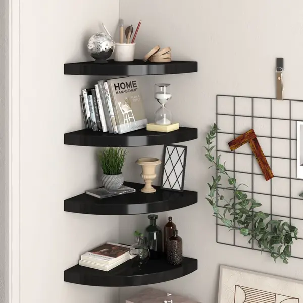 Gossi rafturi coltar de perete, 4 buc., negru, 35 x 35 x 3,8 cm, mdf