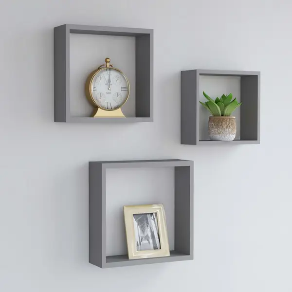 Gossi rafturi cub de perete, 3 buc., gri, mdf