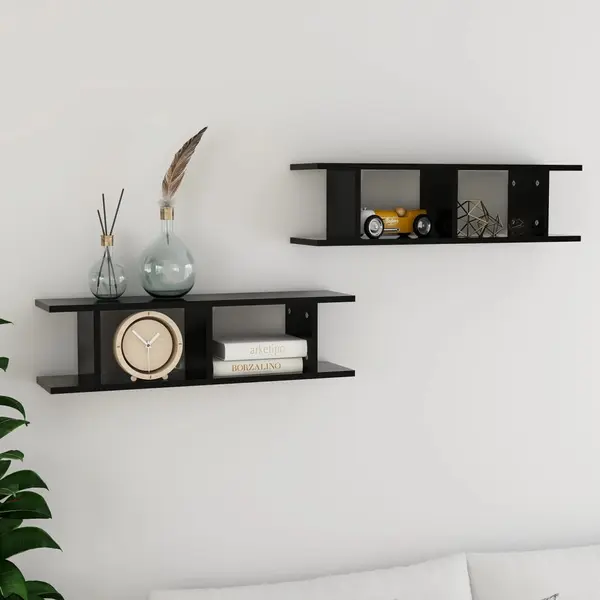 Gossi rafturi de perete, 2 buc., negru, 75x18x20 cm, lemn