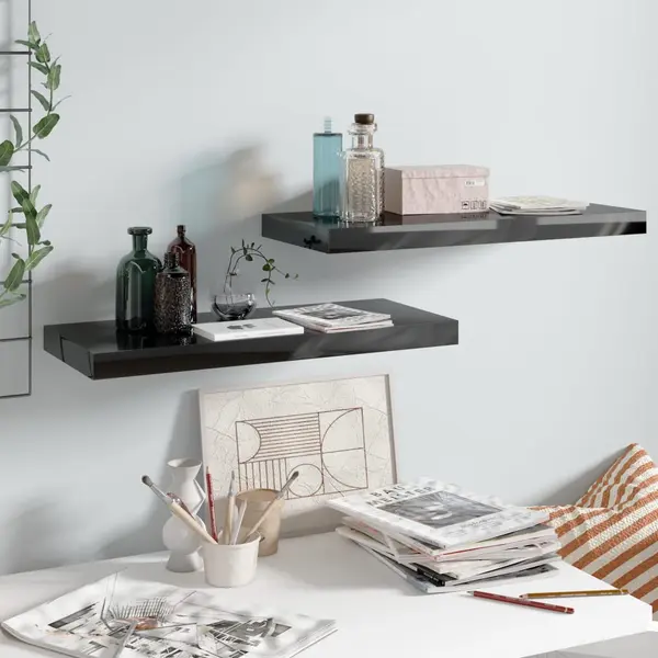 Gossi rafturi de perete 2 buc. negru extralucios, 60x23,5x3,8 cm, mdf