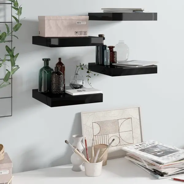 Gossi rafturi de perete 4 buc. negru extralucios 23x23,5x3,8 cm, mdf