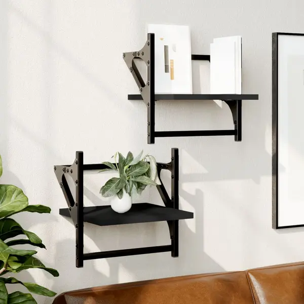 Gossi rafturi de perete cu bare, 2 buc, negru, 30x25x30 cm