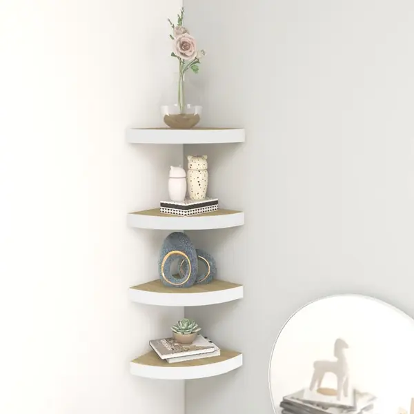 Gossi rafturi de perete de colt 4 buc. stejar si alb 35x35x3,8 cm mdf