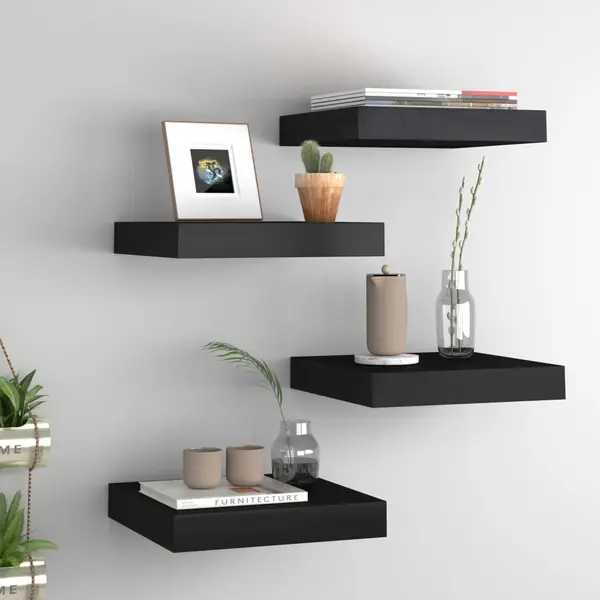 Gossi rafturi de perete suspendate, 4 buc., negru, 23x23,5x3,8 cm mdf