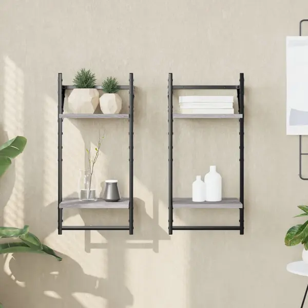 Gossi rafturi perete 2 niveluri cu bare 2 buc. gri sonoma 30x25x65 cm