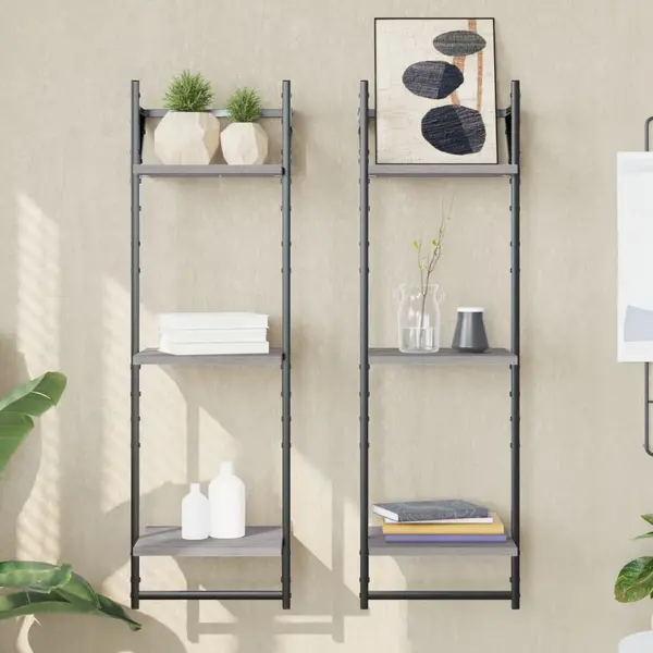 Gossi rafturi perete 3 niveluri cu bare 2 buc. gri sonoma 30x25x100cm
