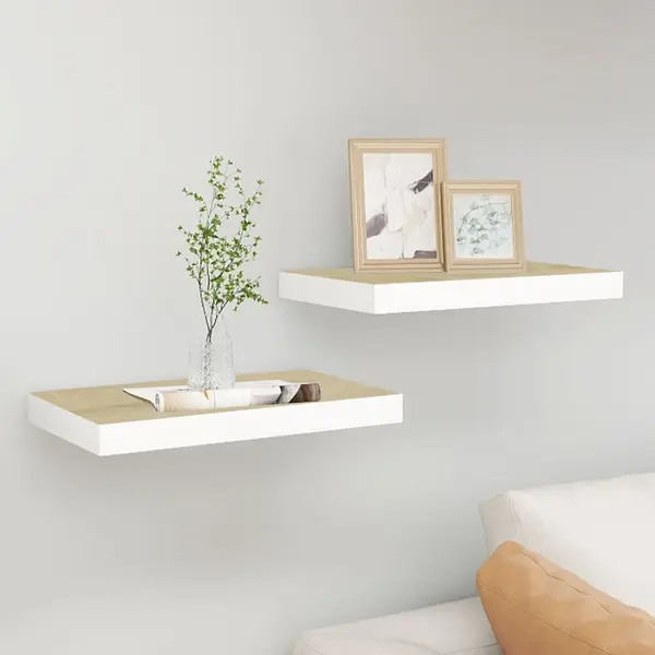 Gossi rafturi perete suspendate 2 buc. alb/stejar 50x23x3,8cm mdf