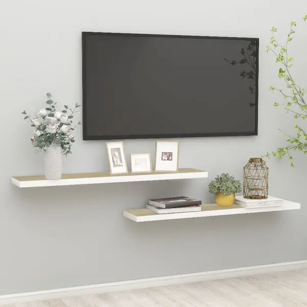 Gossi rafturi perete suspendate 2 buc. stejar/alb 120x23,5x3,8 cm mdf