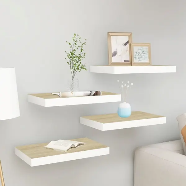 Gossi rafturi perete suspendate 4 buc. alb/stejar 50x23x3,8cm mdf