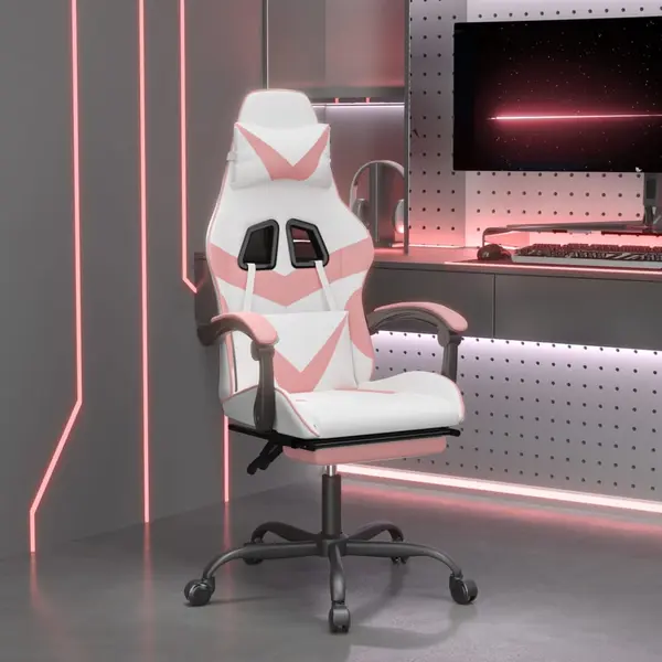 Gossi scaun de gaming cu suport picioare, alb/roz, piele ecologica
