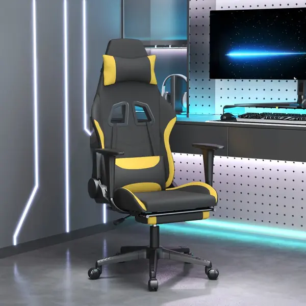 Gossi scaun de gaming cu suport picioare, negru si galben, textil
