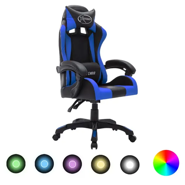 Gossi scaun de jocuri cu led rgb, albastru si negru, piele ecologica