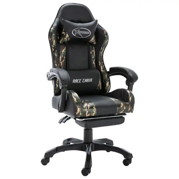 Gossi scaun de jocuri cu taburet, negru si camuflaj, piele ecologica