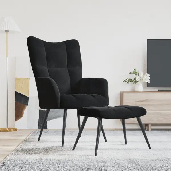 Gossi scaun de relaxare cu taburet, negru, catifea