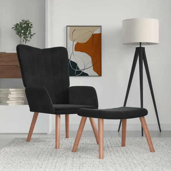 Gossi scaun de relaxare cu taburet, negru, catifea