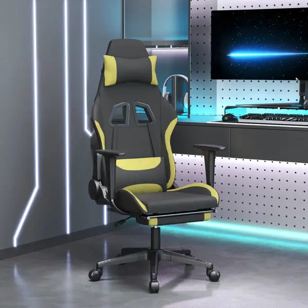Gossi scaun gaming masaj/suport picioare, negru/verde deschis textil
