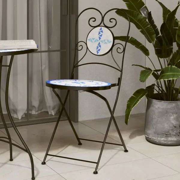 Gossi scaune de bistro pliabile, 2 buc., albastru si alb, ceramica