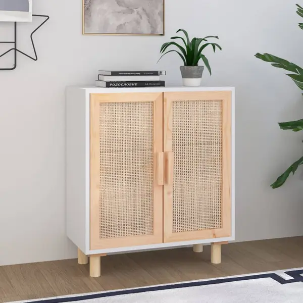 Gossi servanta, alb, 60x30x70 cm, lemn masiv pin si ratan natural