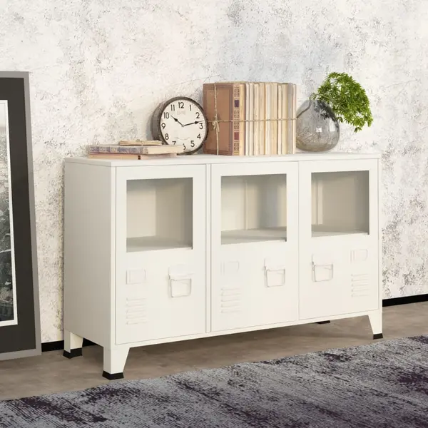 Gossi servanta industriala, alb, 105x35x62 cm, metal si sticla