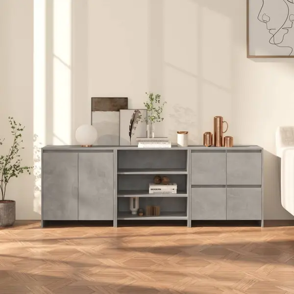 Gossi servante, 3 piese, gri beton, lemn prelucrat