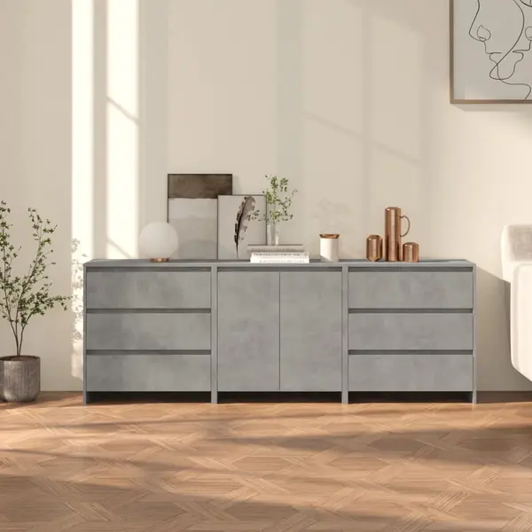 Gossi servante, 3 piese, gri beton, lemn prelucrat