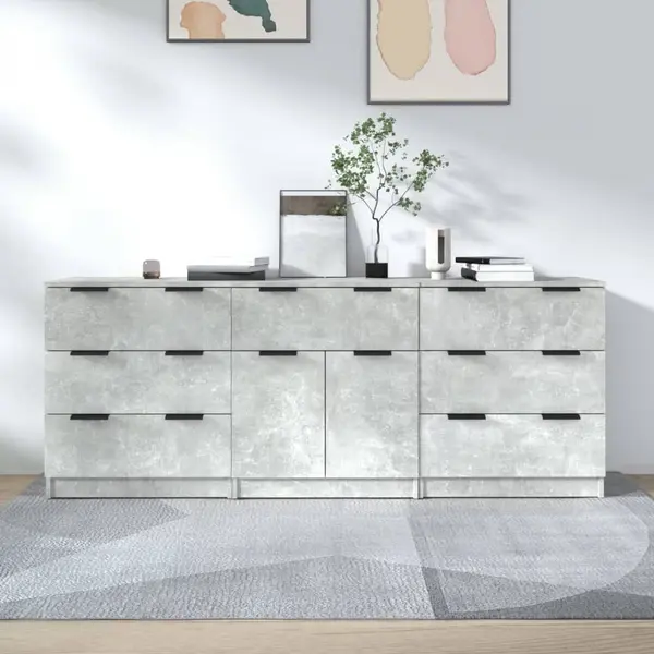 Gossi servante, 3 piese, gri beton, lemn prelucrat