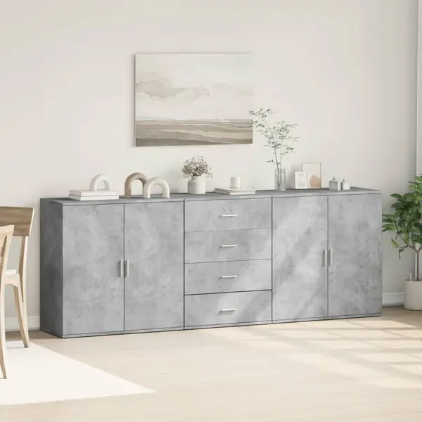 Gossi servante, 3 piese, gri beton, lemn prelucrat
