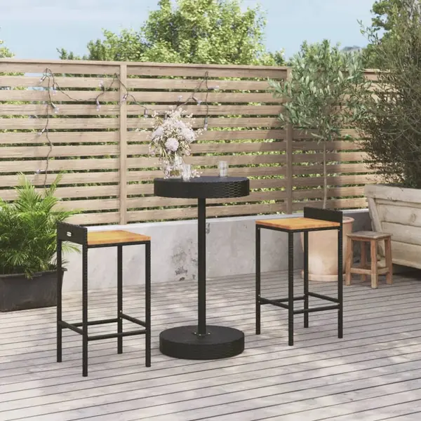 Gossi set bar pentru gradina, 3 piese, negru, poliratan/lemn acacia