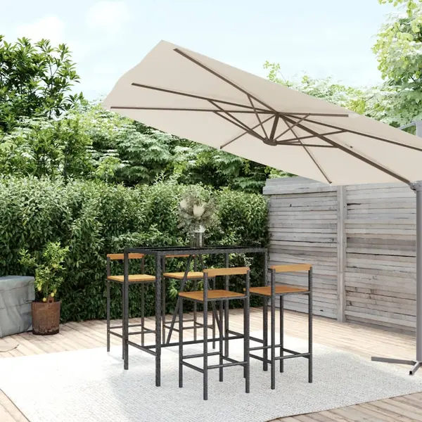Gossi set bar pentru gradina, 5 piese, negru, poliratan/lemn acacia