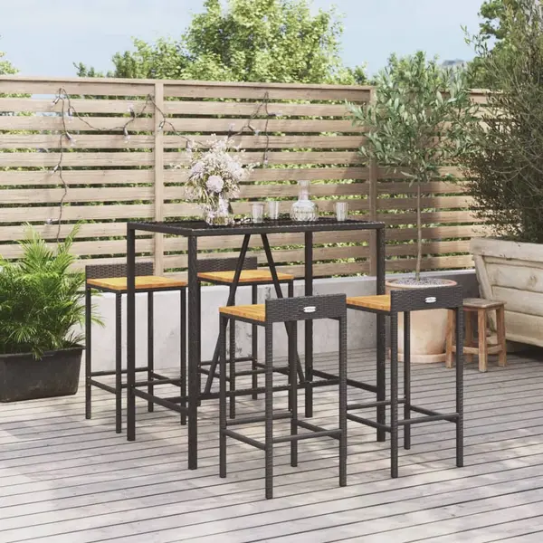 Gossi set bar pentru gradina, 5 piese, negru, poliratan/lemn acacia