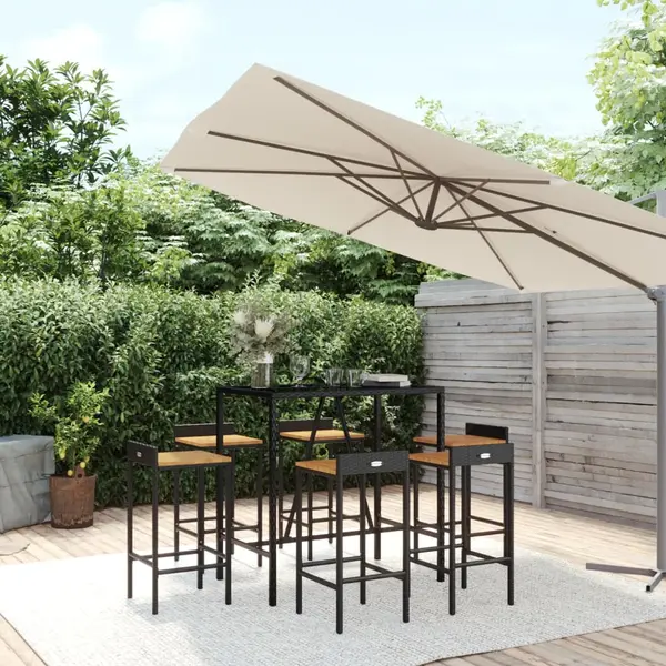 Gossi set bar pentru gradina, 7 piese, negru, poliratan/lemn acacia