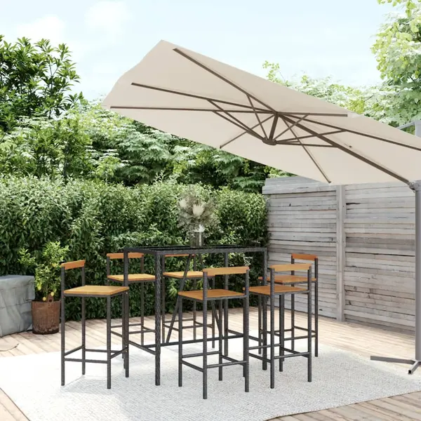 Gossi set bar pentru gradina, 7 piese, negru, poliratan/lemn acacia