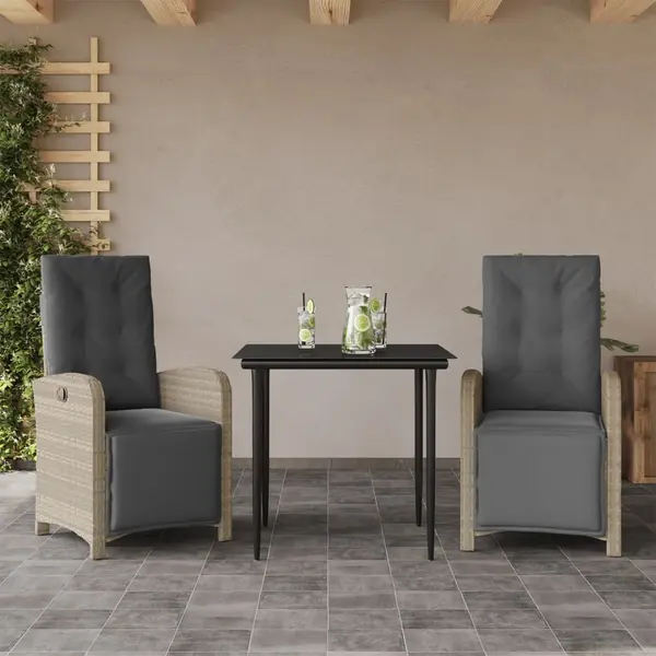 Gossi set bistro cu perne, 3 piese, gri deschis, poliratan