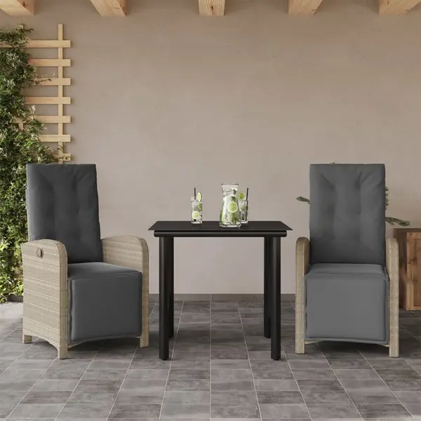 Gossi set bistro cu perne, 3 piese, gri deschis, poliratan