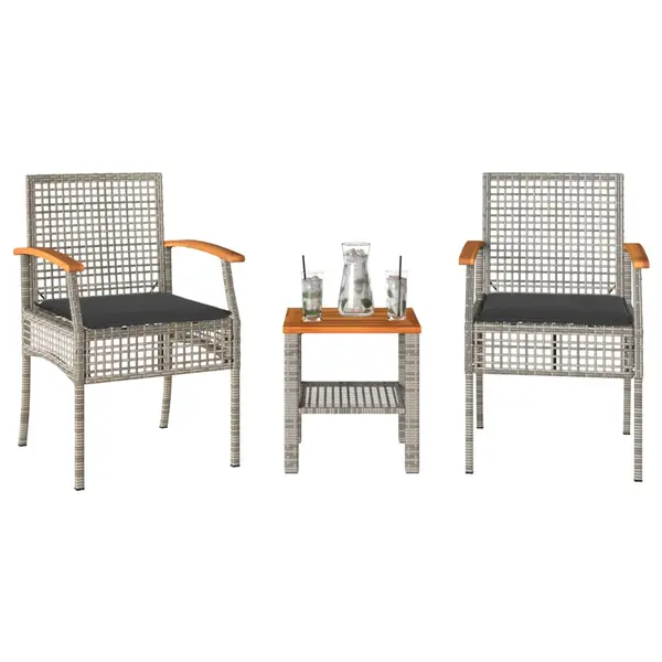 Gossi set bistro cu perne, 3 piese, gri, poliratan si lemn acacia