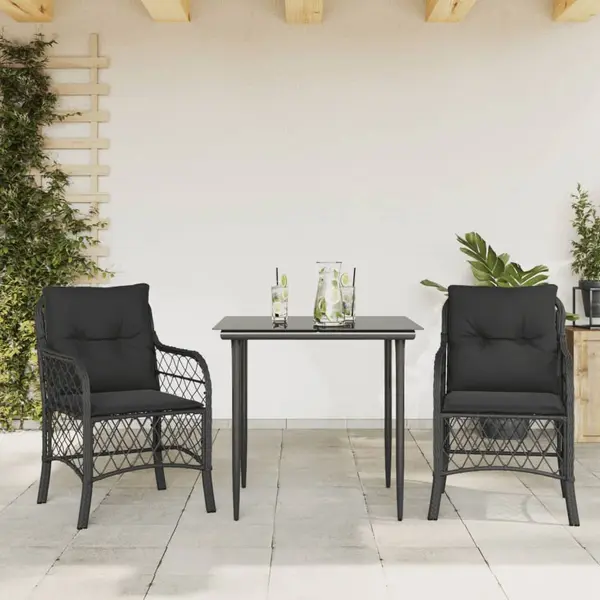 Gossi set bistro cu perne, 3 piese, negru, poliratan