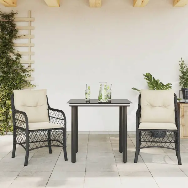 Gossi set bistro cu perne, 3 piese, negru, poliratan