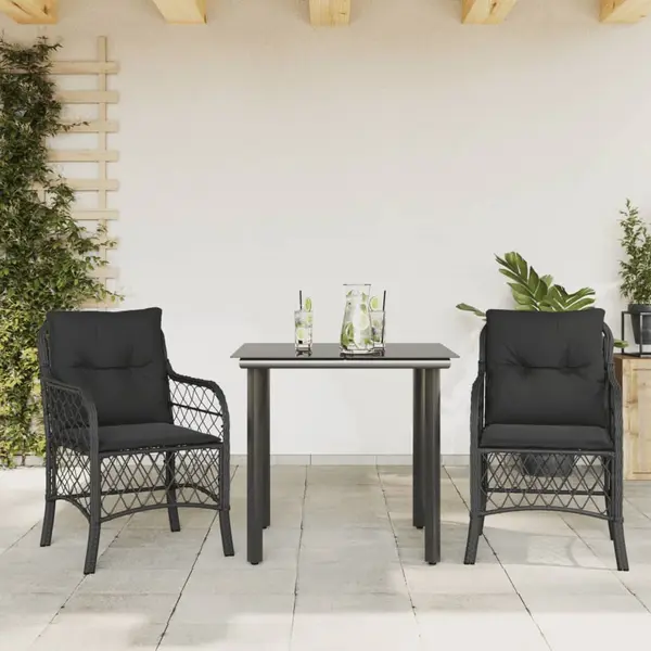 Gossi set bistro cu perne, 3 piese, negru, poliratan